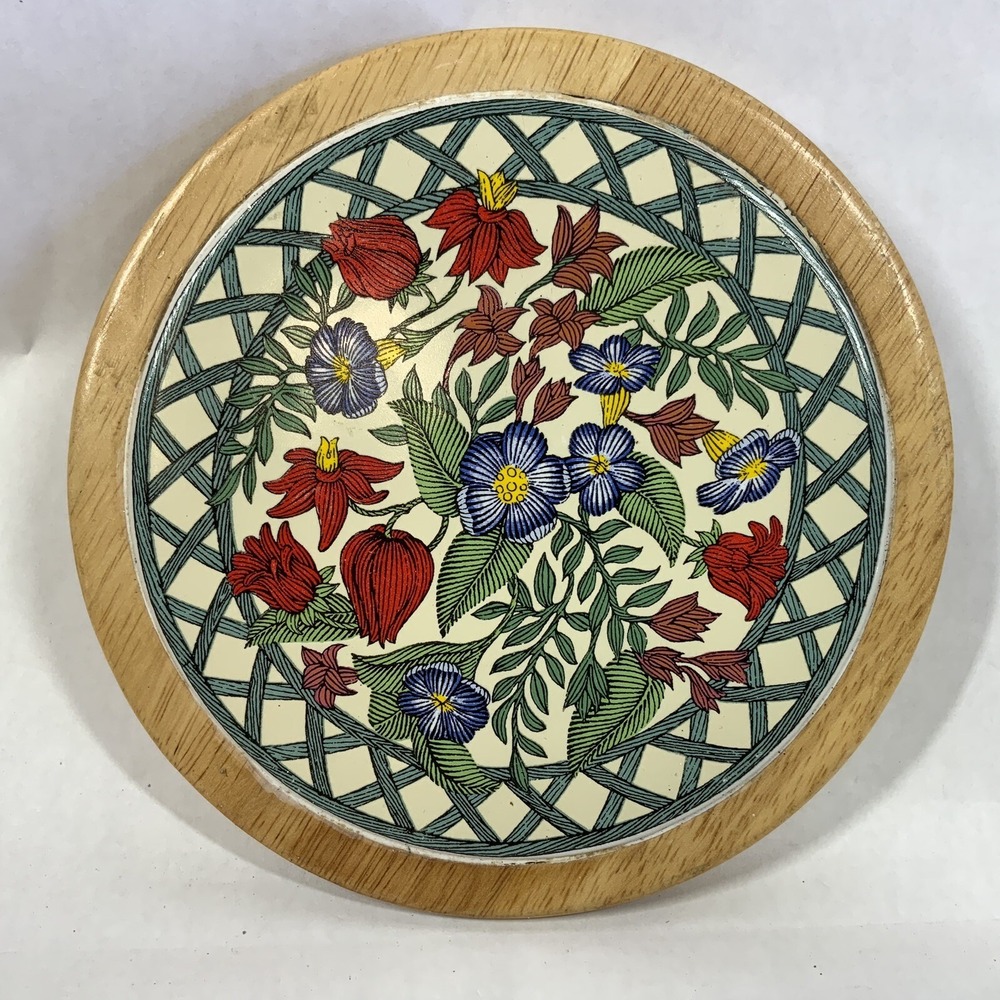 VTG Dansk Nordic Garden Wood & Tile Board Trivet 7" Cottagecore Garden